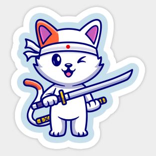 Cute Cat Holding Sword Katana Cartoon Sticker